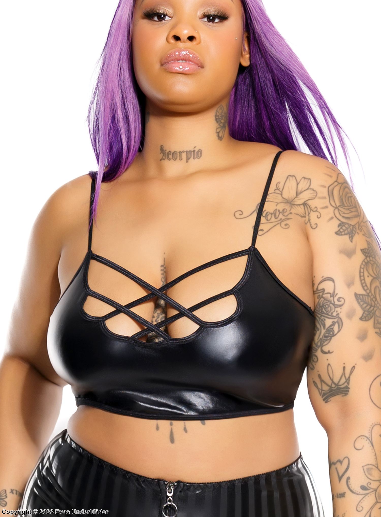 Bralette, wet-look, vorne mit Gurte, Plus Size